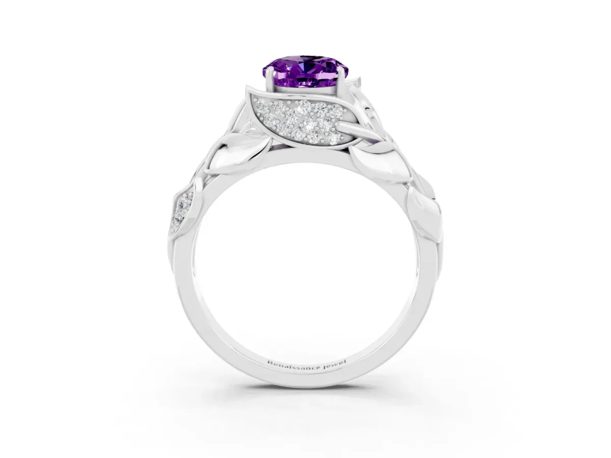 Oval Cut Amethyst Leaf-Inspired Engagement Ring with Round Accents and Prong Setting Platinum
