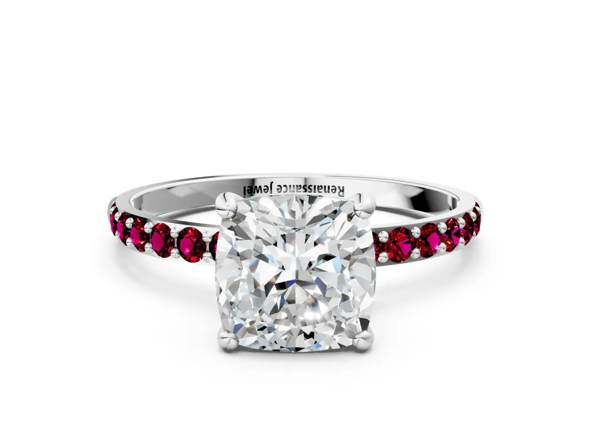 Cushion Cut Diamond Solitaire Ring with Round Garnet Pavé Band and Prong Setting Silver