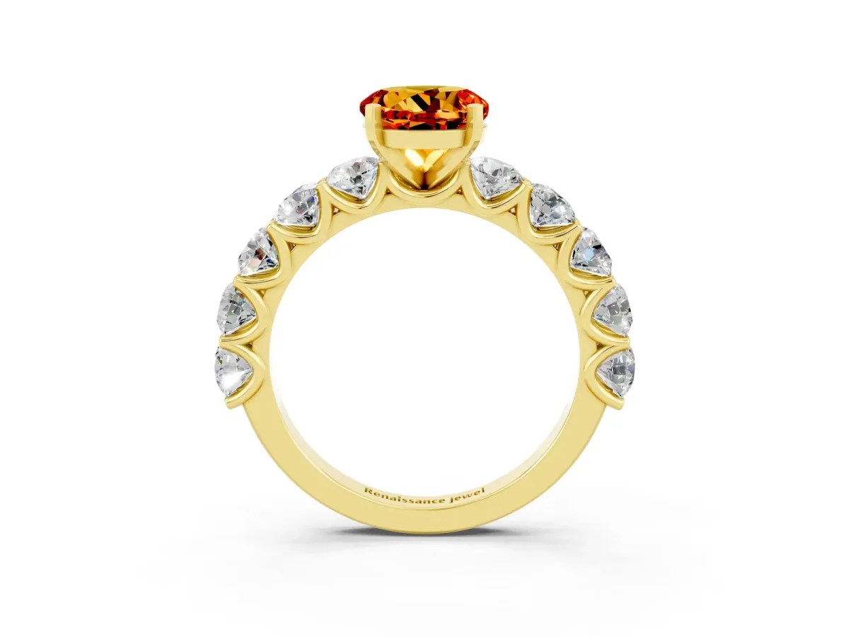 Round Cut Citrine Prong Setting with Side Stones on a Pave Band Yellow gold