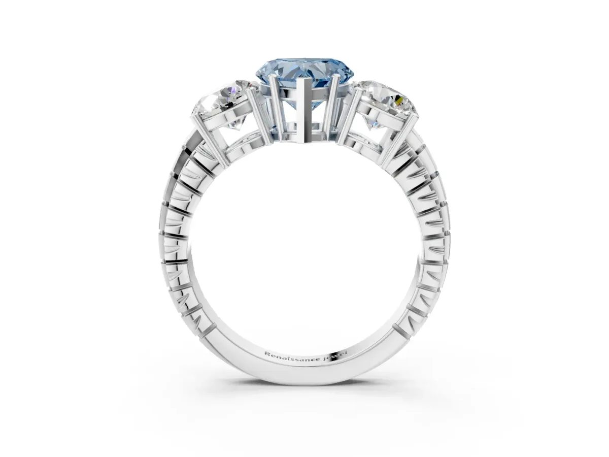 Fancy Blue Three-Stone Heart Cut Cut Diamond Ring with Channel-Set Band and Prong Setting Platinum