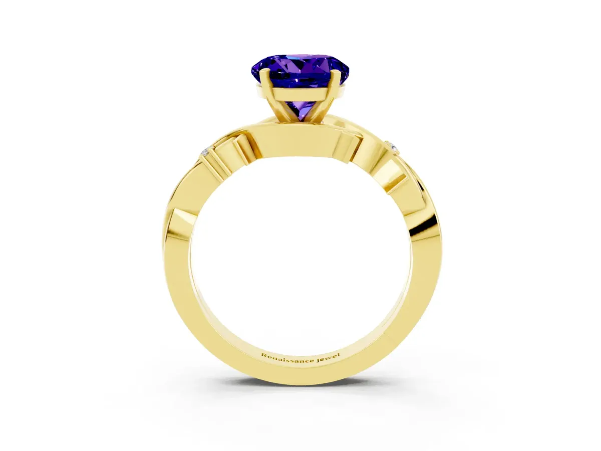 Round Cut Tanzanite Solitaire Ring with Twisted Band and Prong Setting Yellow gold