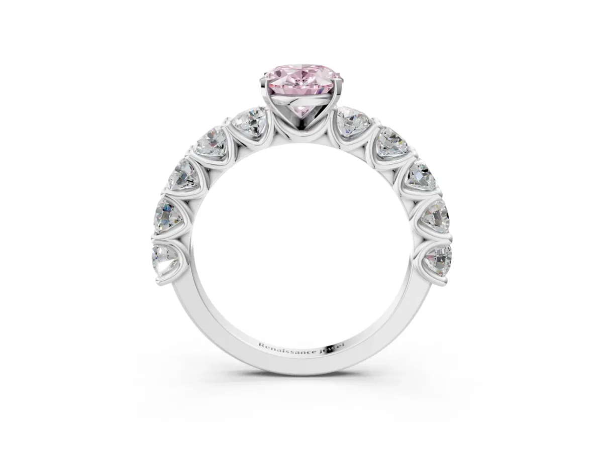 Fancy Pink Oval Cut Diamond Prong Setting with Side Stones on a Pave Band Silver