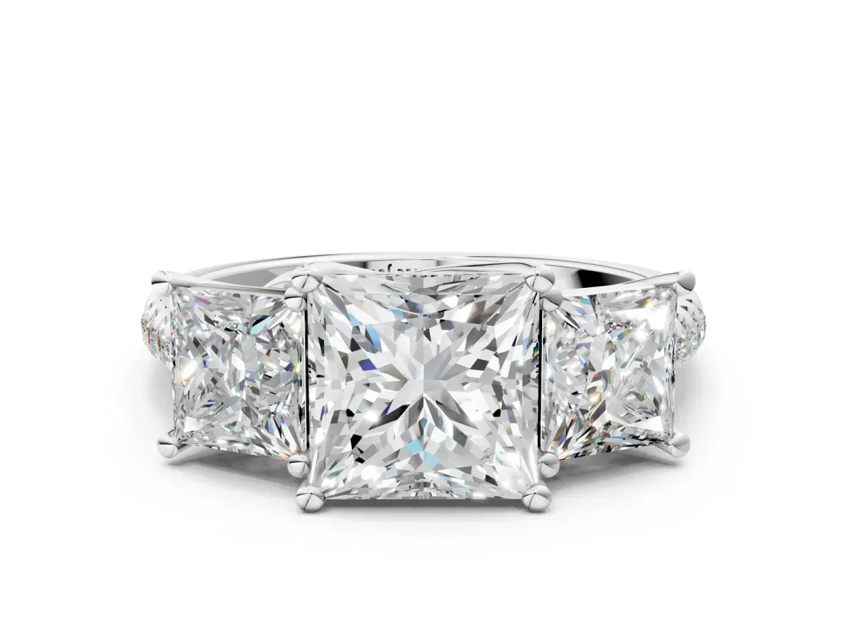 Three-Stone Princess Cut Diamond Ring with Round Pavé Band and Prong Setting Platinum