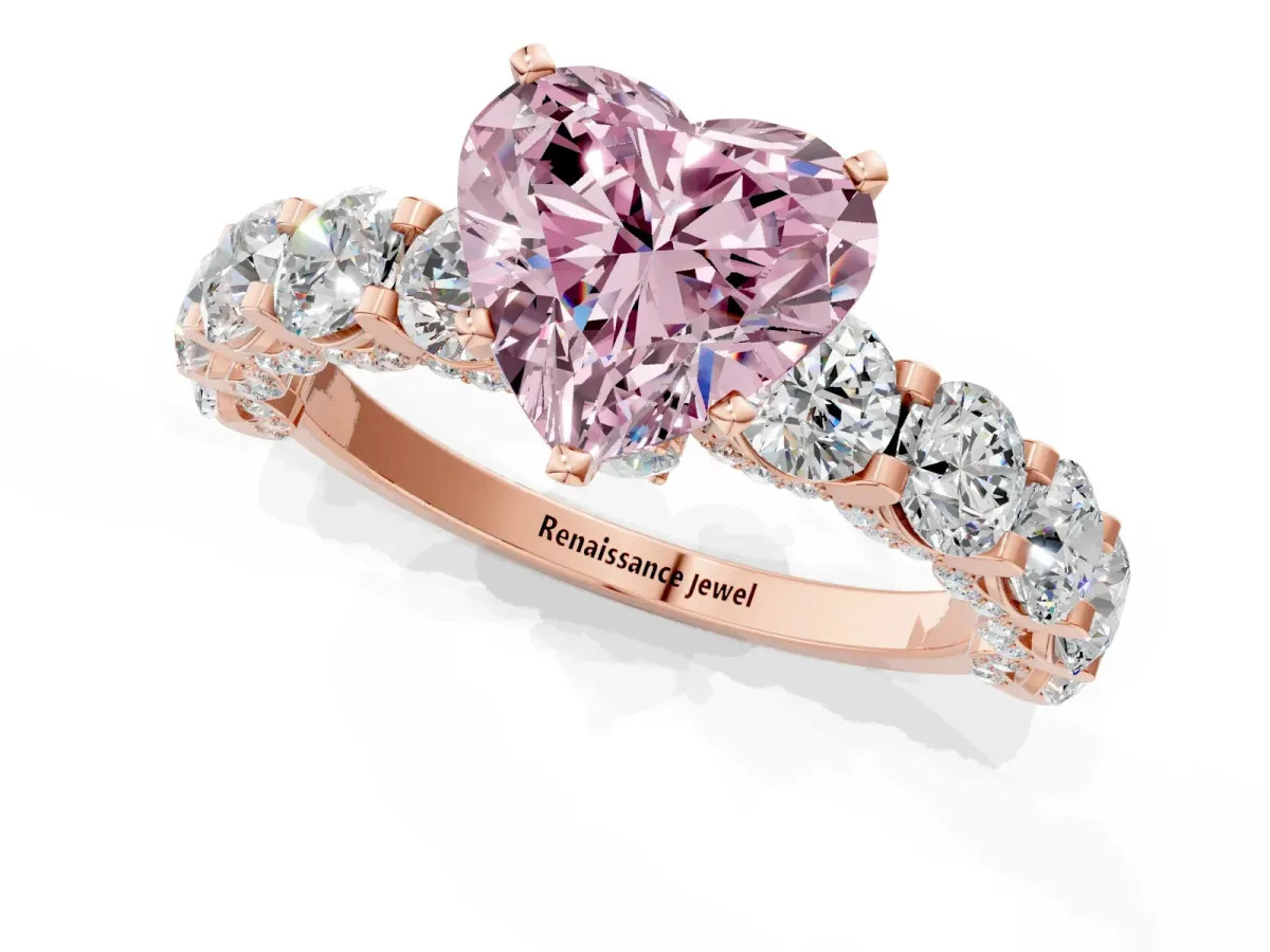 Fancy Pink Heart Cut Diamond Side Stone Engagement Ring with Four-Prong Setting Rose gold