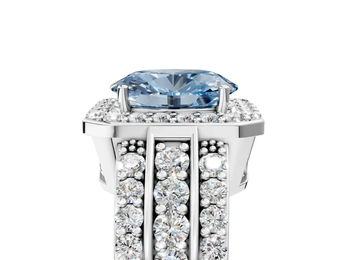 Fancy Blue Oval Cut Halo Diamond Ring with Round Split Shank and Prong Setting Platinum