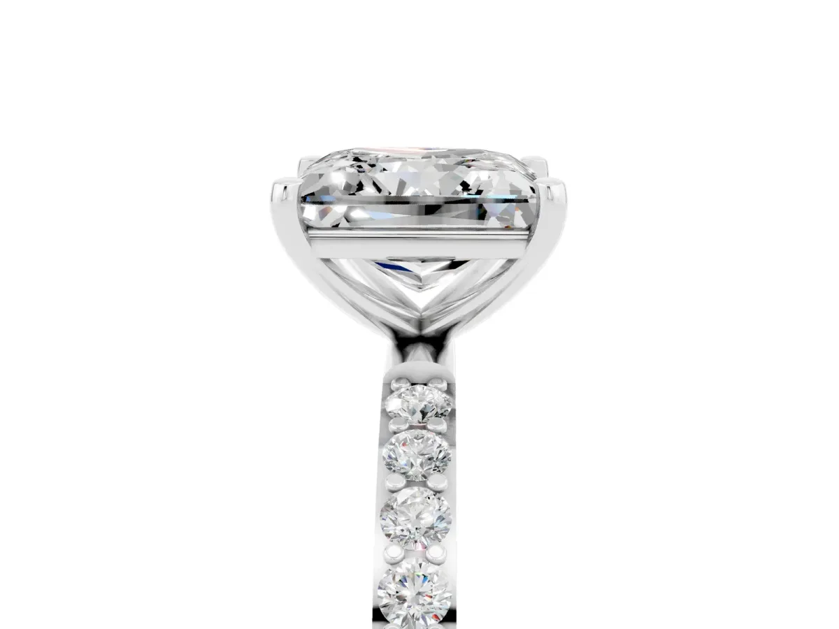 Princess Cut Moissanite Solitaire Ring with Round Pavé Band and Prong Setting Silver