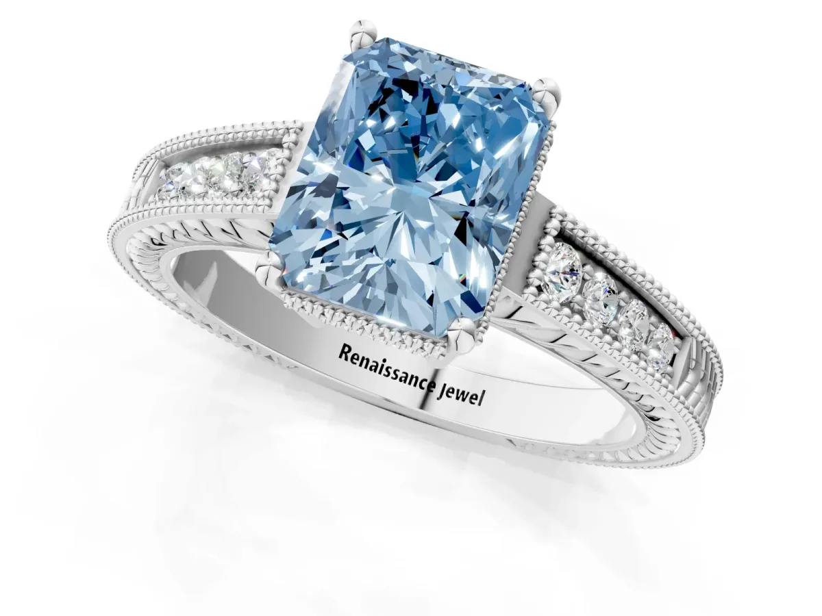 Fancy Blue Radiant Cut Cut Diamond Milgrain Pave Band Four-Prong Setting Ring Platinum