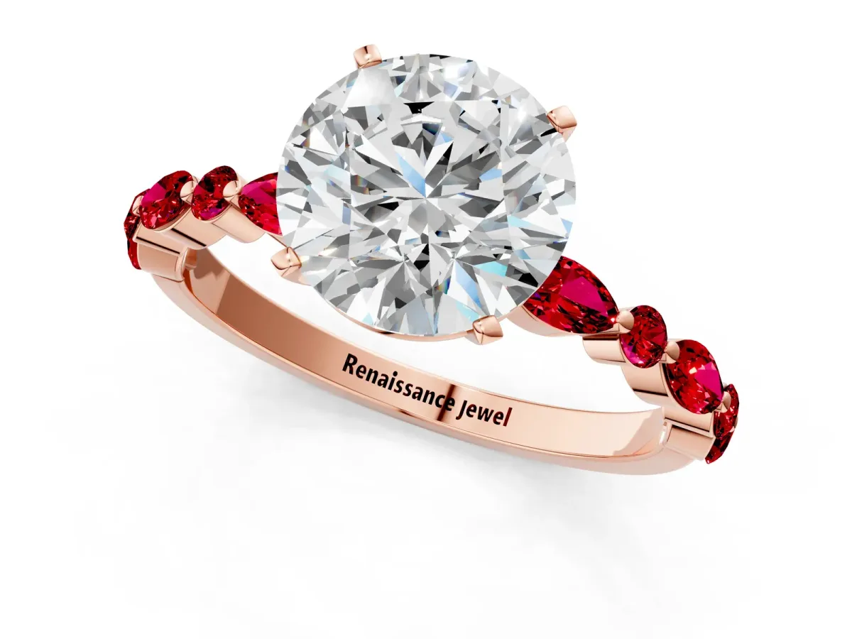 Round Cut Diamond Ring with Marquise and Round Ruby Side Stones and Four-Prong Setting Rose gold