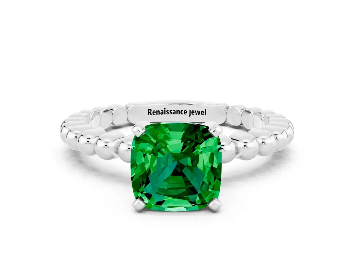 Cushion Cut Emerald Solitaire Ring with Beaded Band and Prong Setting Platinum