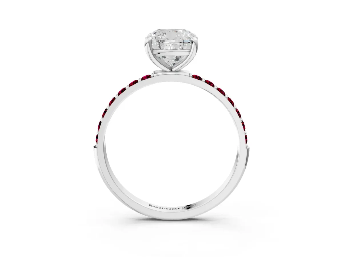 Cushion Cut Diamond Solitaire Ring with Round Garnet Pavé Band and Prong Setting Silver