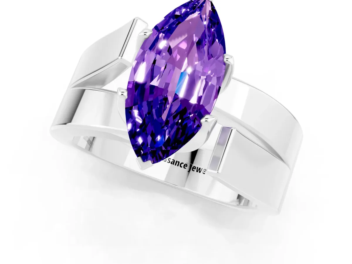 Modern Tension Set Marquise Cut Tanzanite Solitaire Wide Band Ring Silver