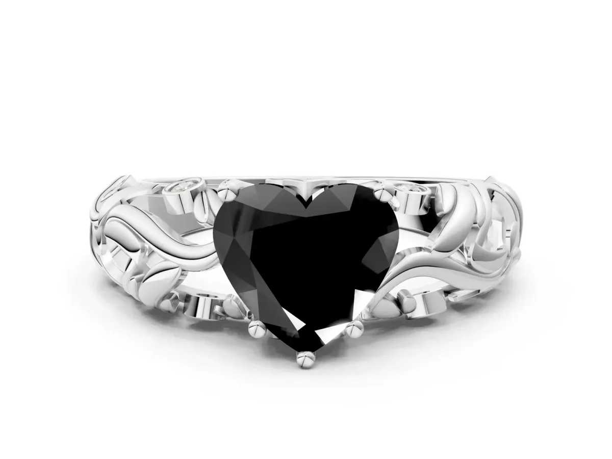 Fancy Black Heart Cut Solitaire Diamond Leaf-Inspired Vine Band Ring with Prong Setting Platinum
