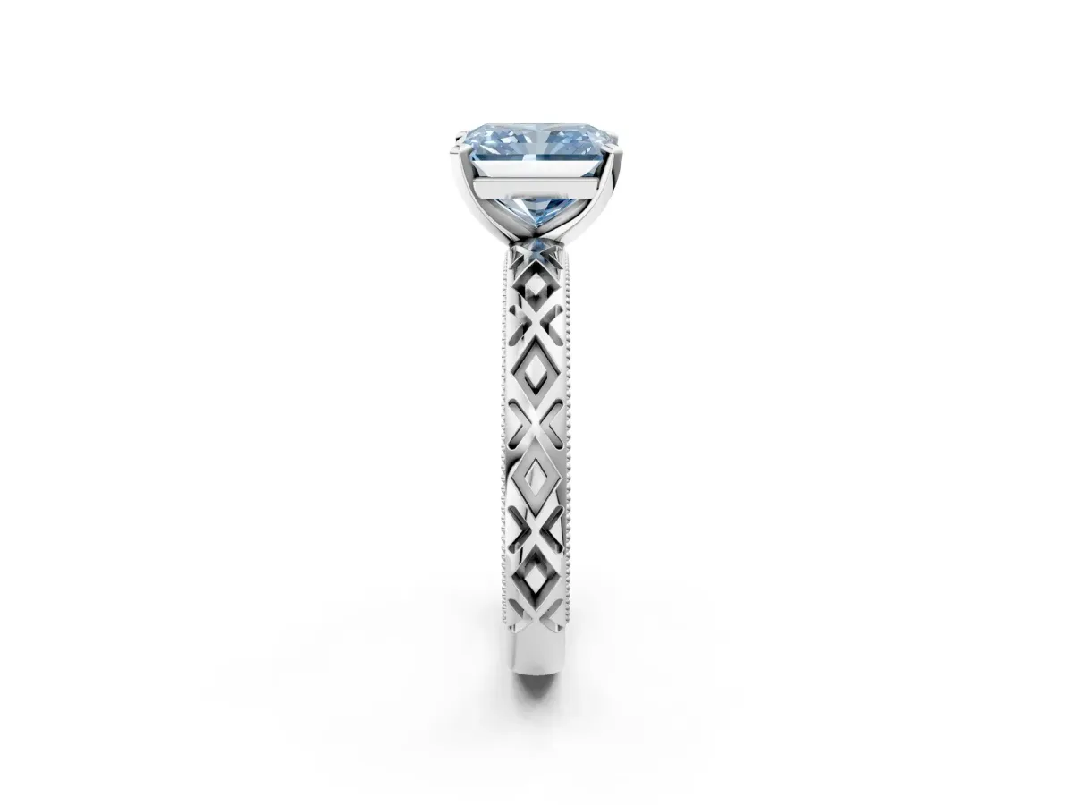 Fancy Blue Radiant Cut Solitaire Diamond Ring with Milgrain and Black Enamel X Pattern Band Platinum