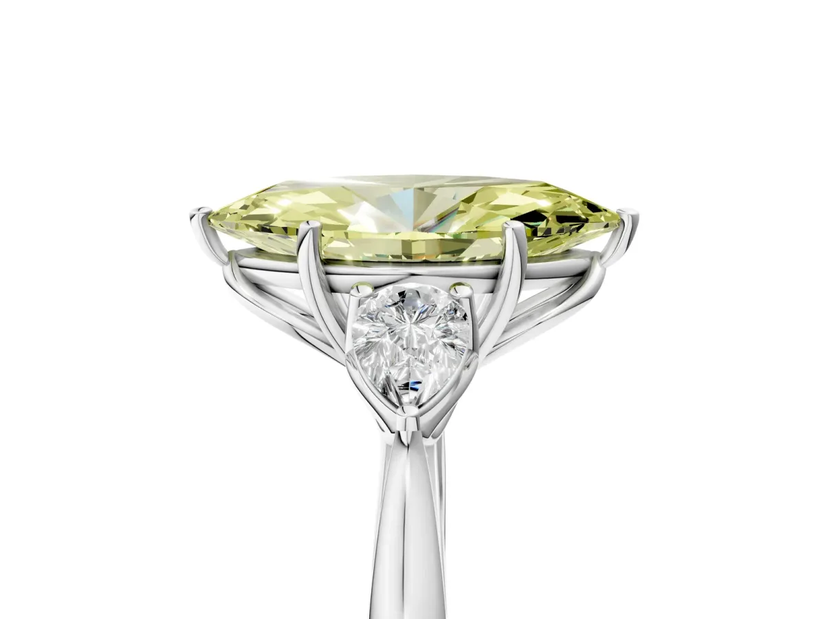 Fancy Yellow Marquise Cut Diamond Three-Stone Ring with Pear Side Stones and Prong Setting White gold