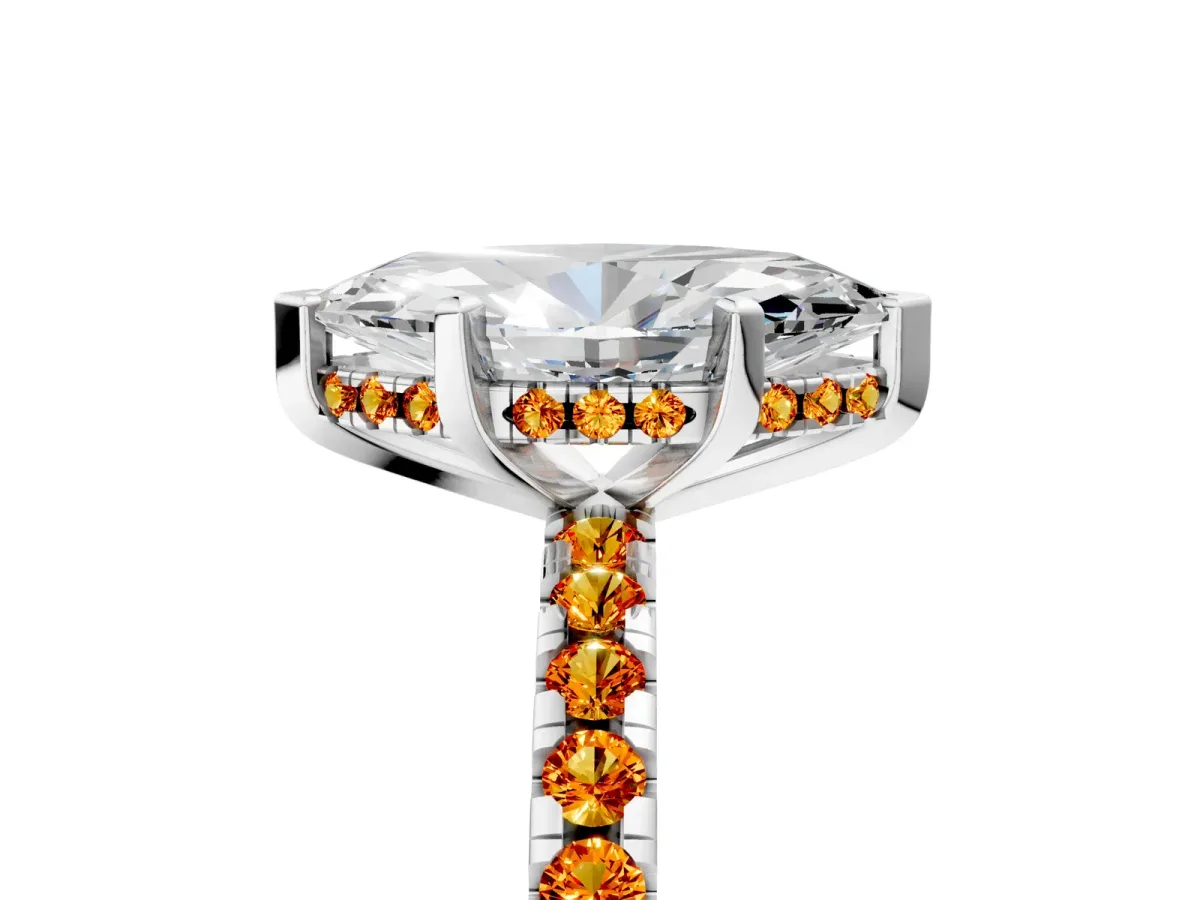 Marquise Cut Diamond Solitaire Ring with Round Citrine Pavé Band and Four-Prong Setting Silver
