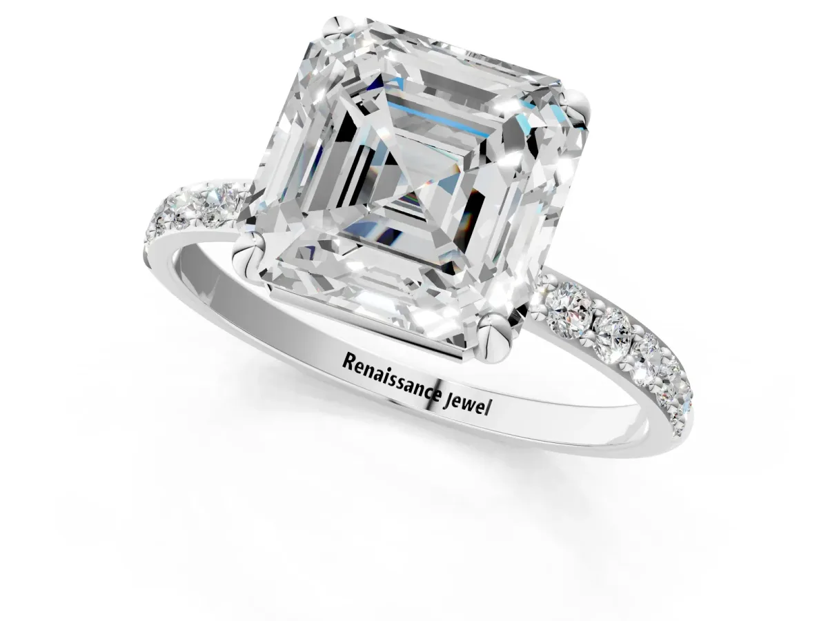 Asscher Cut Diamond Solitaire Ring with Round Pavé Band and Prong Setting Platinum