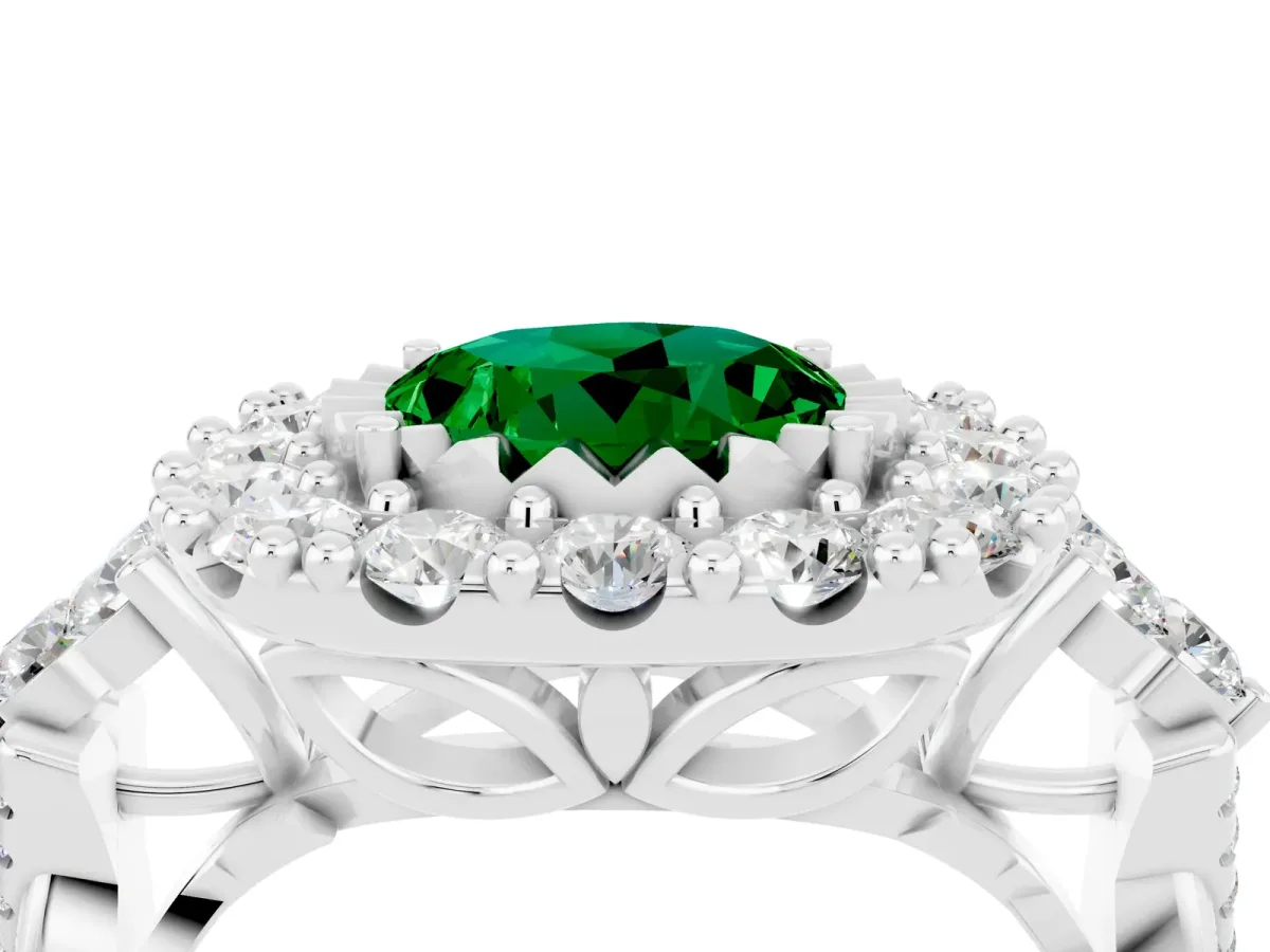 Round Cut Emerald Halo Ring with Pavé Band and Four-Prong Setting Silver