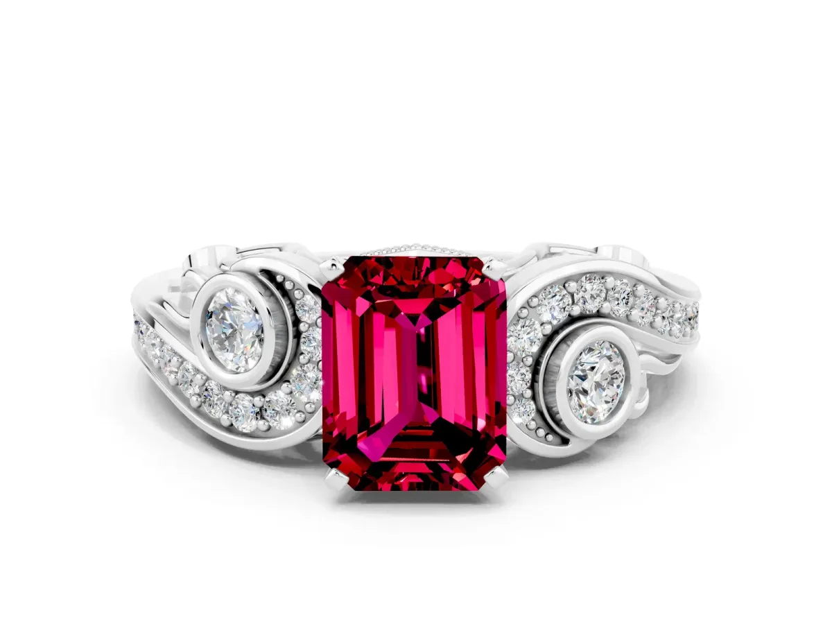 Emerald Cut Garnet Solitaire Ring with Milgrain Pavé Band and Four-Prong Setting Silver