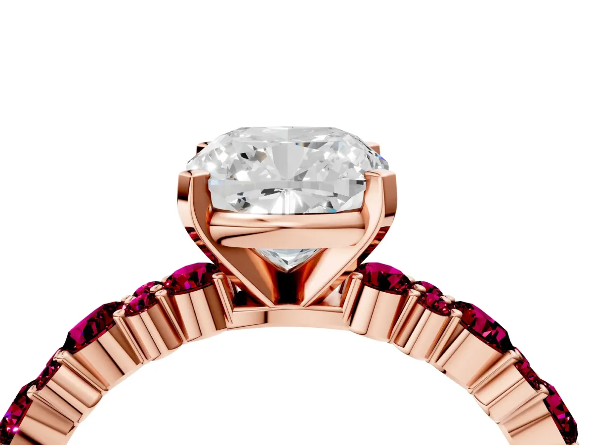 Cushion Cut Diamond Side Stone Solitaire Ring with Round Garnet and Four-Prong Setting Rose gold