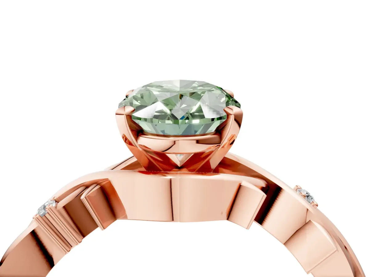 Fancy Green Oval Cut Diamond Solitaire Ring with Twisted Band and Prong Setting Rose gold