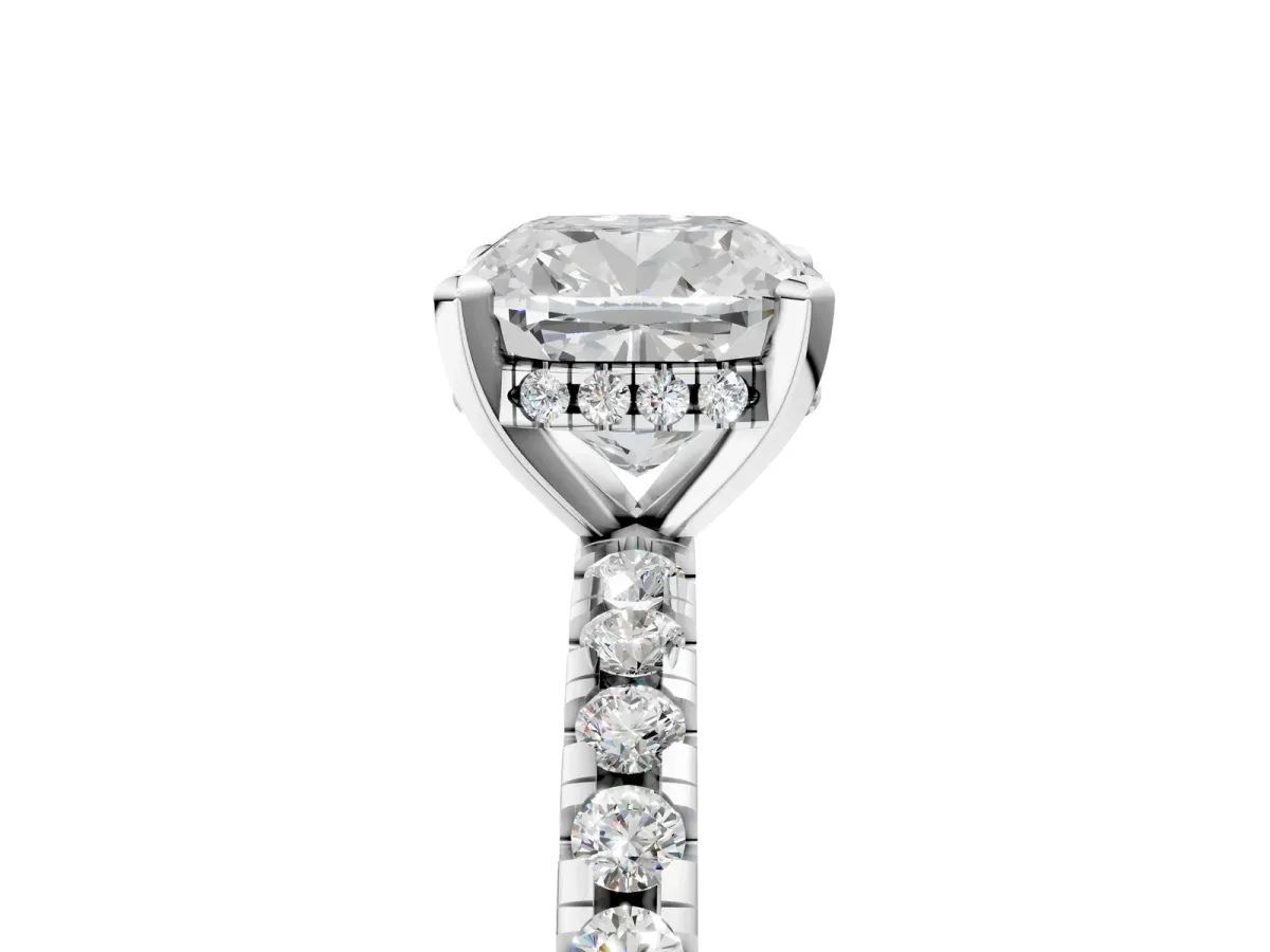 Cushion Cut Diamond Solitaire Ring with Round Pavé Band and Four-Prong Setting Silver