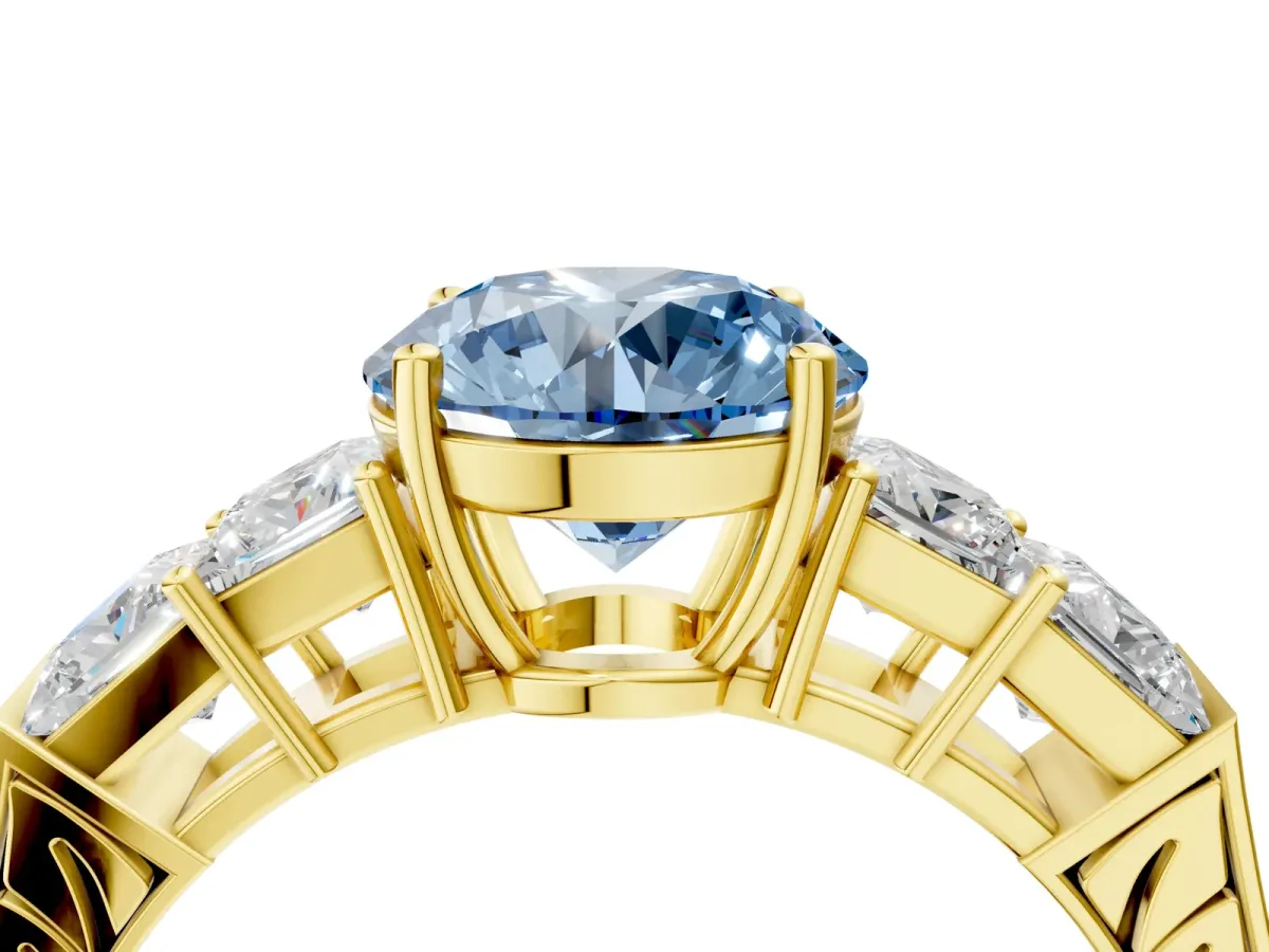 Fancy Blue Round Cut Solitaire Princess Side Stone Engraved Band Prong Setting Ring Yellow gold