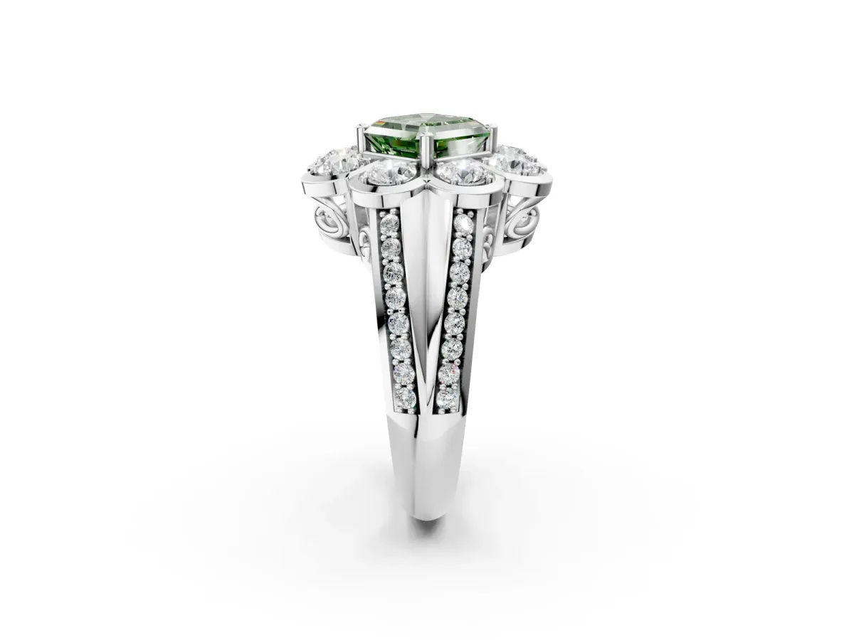 Fancy Green Asscher Cut Brilliant Flower Halo Diamond Split Shank Ring Platinum