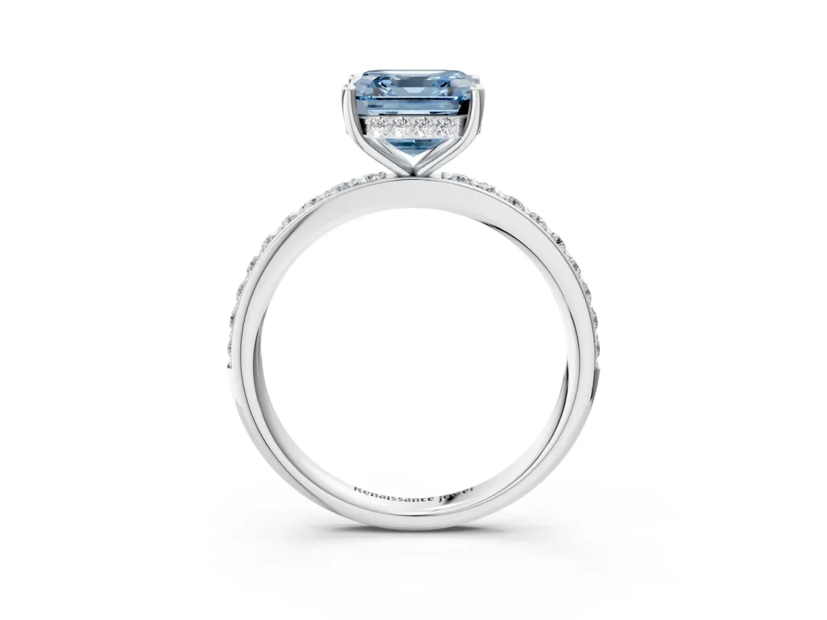 Fancy Blue Asscher Cut Cut Diamond Pavé Band Ring with Four-Prong Setting Platinum