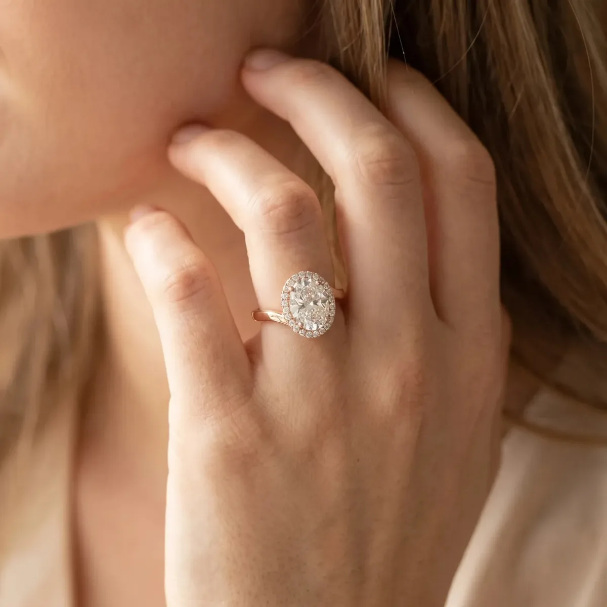Oval Cut Diamond Bezel Halo Ring with Plain Band Rose gold