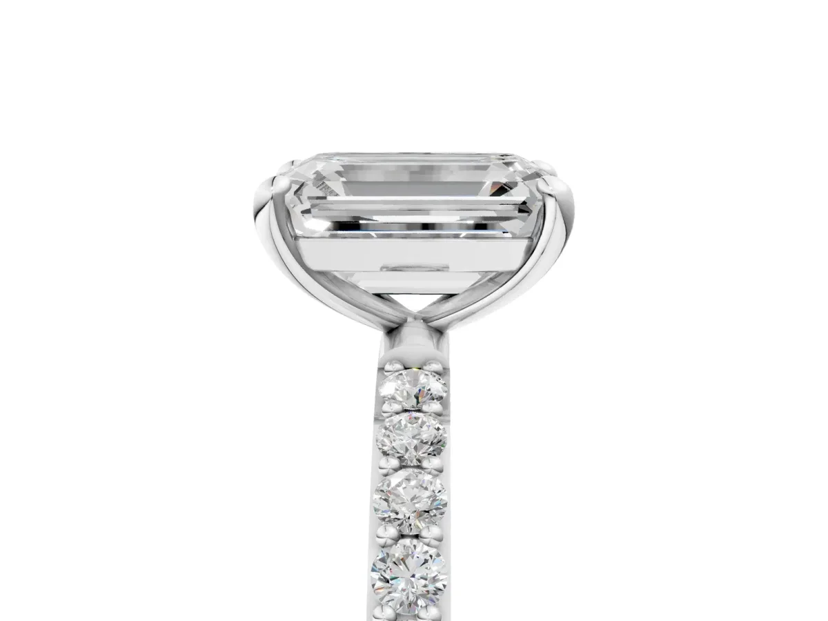 Emerald Cut Diamond Solitaire Ring with Round Pavé Band and Prong Setting Silver