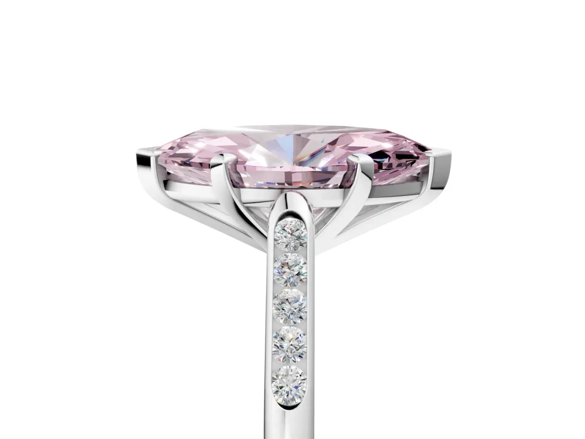 Fancy Pink Marquise Cut Diamond Solitaire Ring with Channel Set Round Band and Prong Setting Silver
