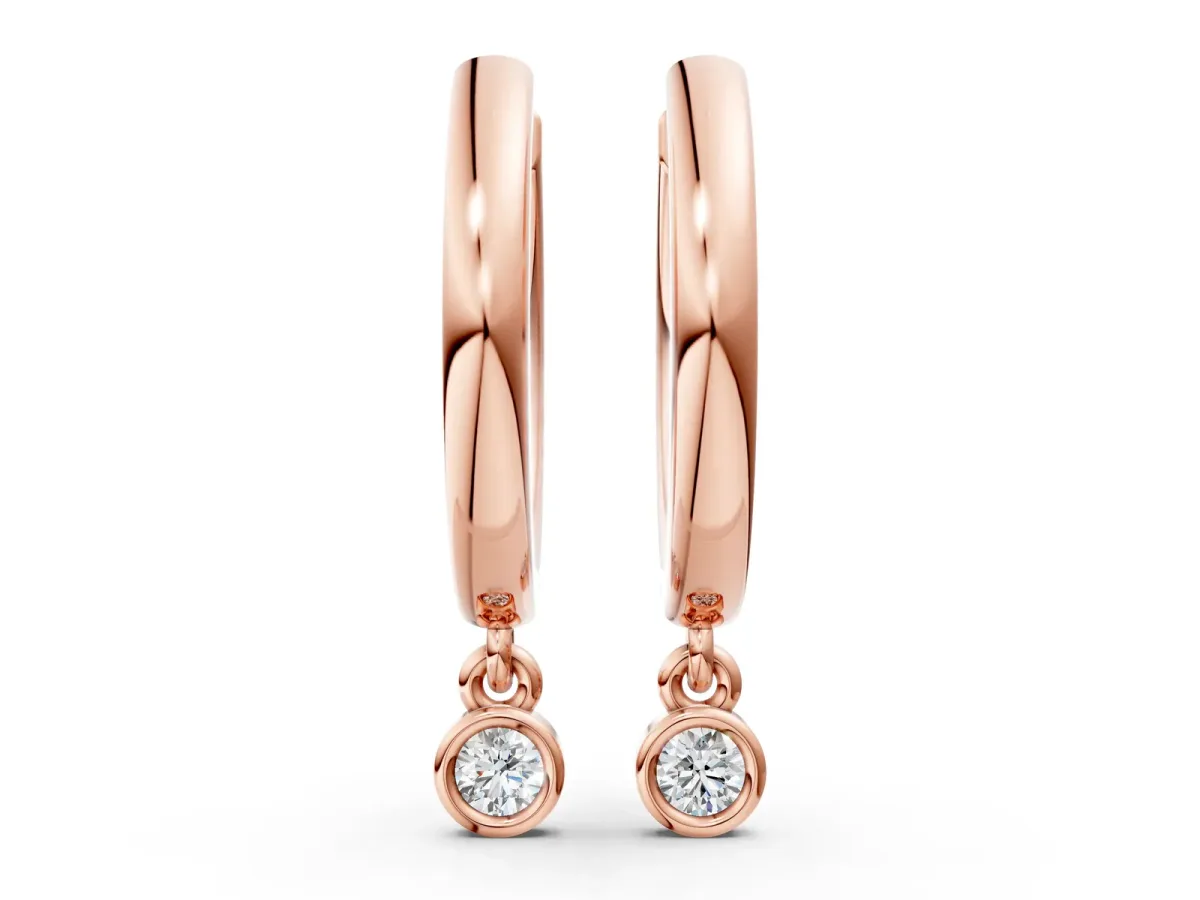 Round Diamond Bezel Drop Huggie Hoop Earrings Rose gold