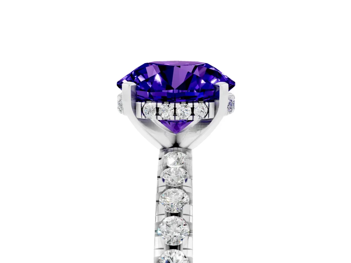 Round Cut Tanzanite Solitaire Ring with Round Pavé Band and Four-Prong Setting Silver