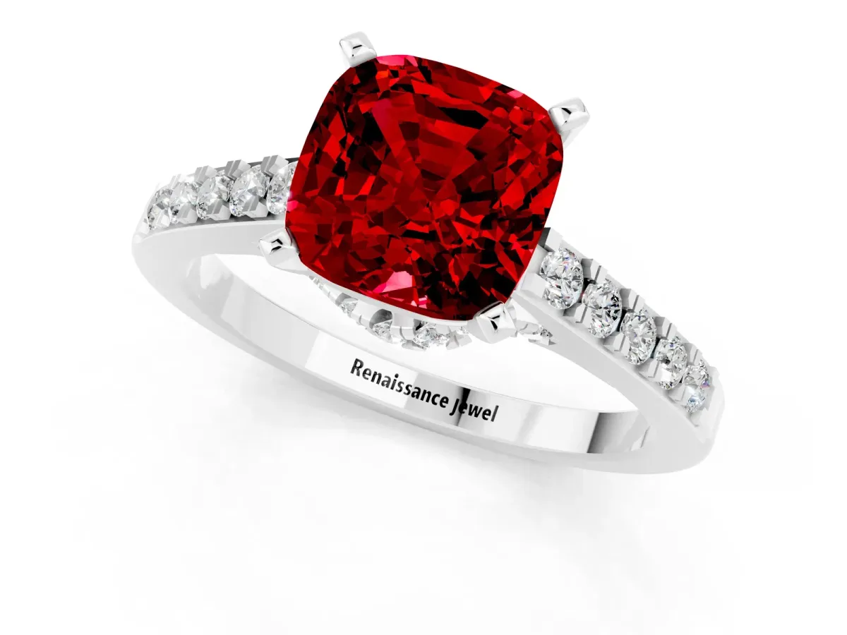 Cushion Cut Ruby Solitaire Ring with Crossover Gallery and Round Pavé Band Silver