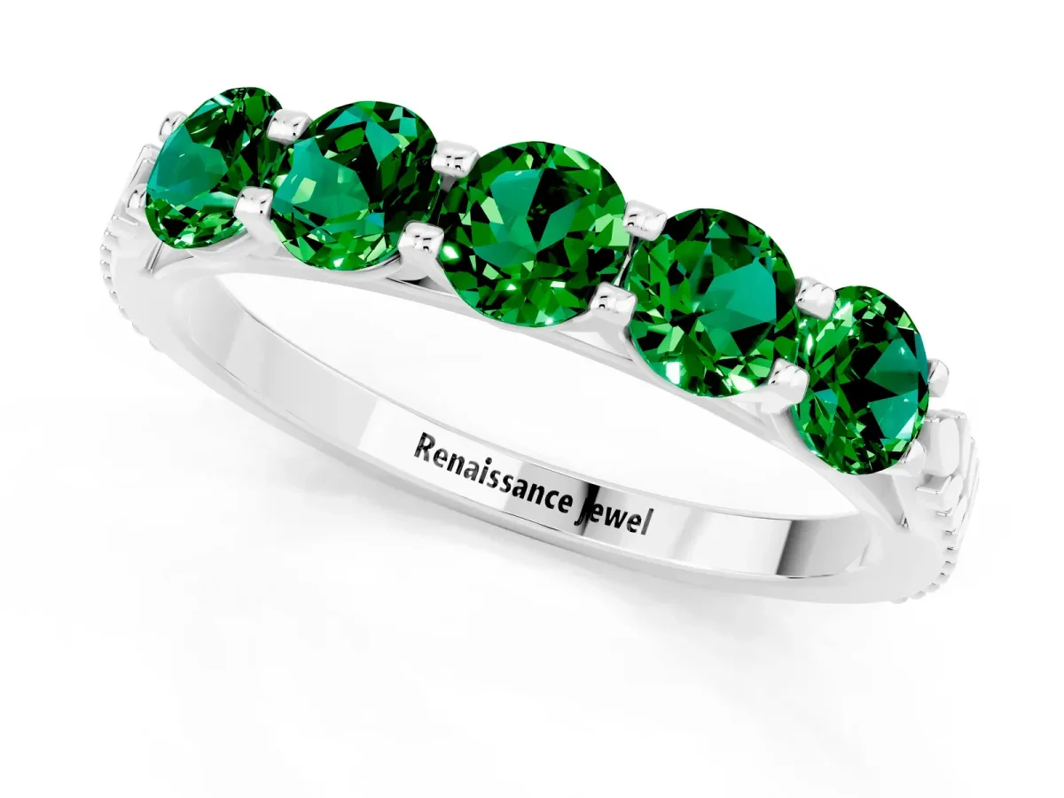 Five-Stone Round Emerald Prong-Set Band Platinum