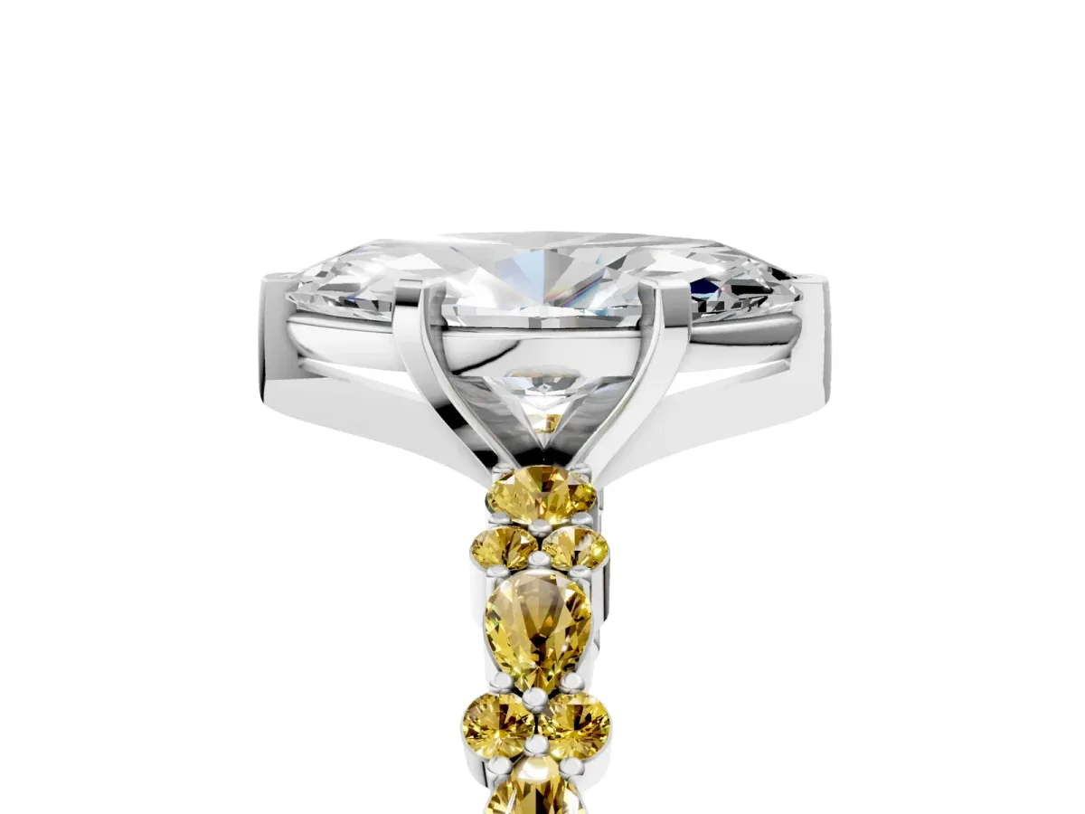 Marquise Cut Diamond Side Stone Solitaire Ring with Round Yellow Sapphire and Four-Prong Setting Silver