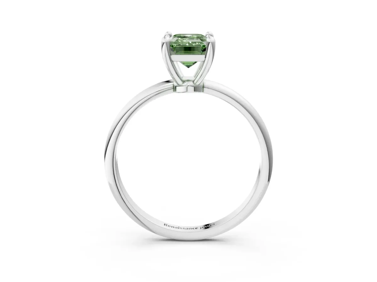 Fancy Green Emerald Cut Solitaire Diamond Ring with 4-Prong Setting on a Classic Band Silver