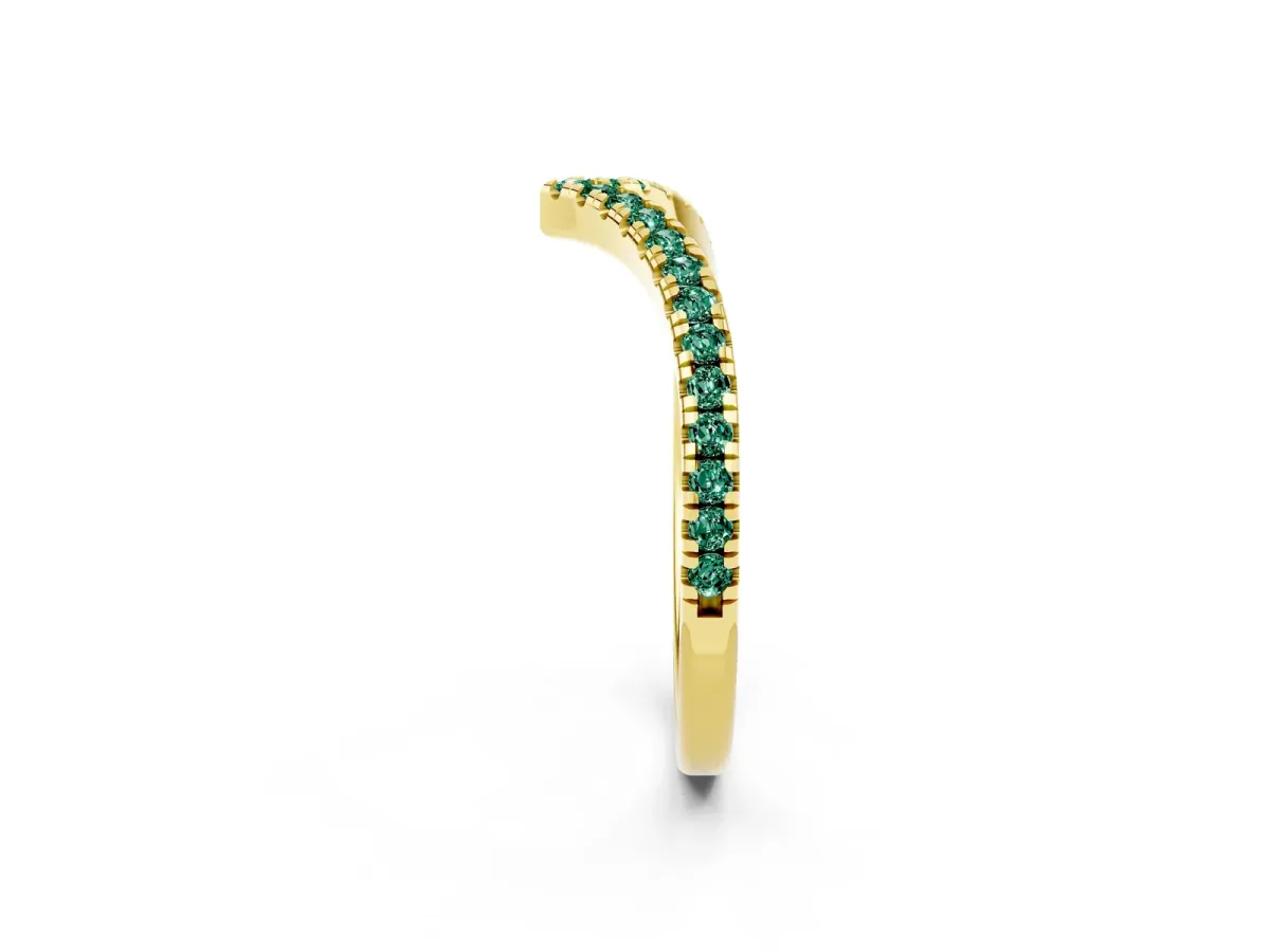 Pavé Round Green Sapphire V-Shaped Chevron Band with Shared Prong Setting Yellow gold