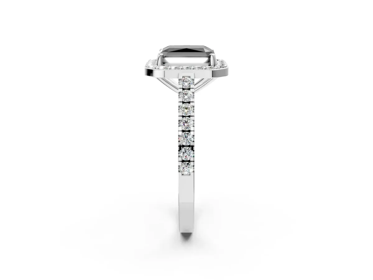 Fancy Black Radiant Cut Diamond Halo Ring with Round Pavé Split Shank and Prong Setting Platinum