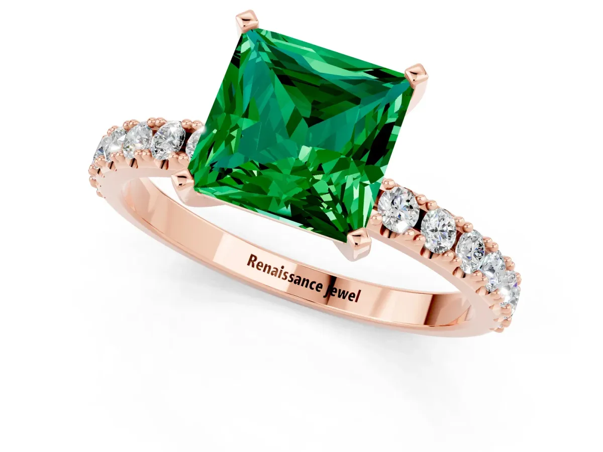 Princess Cut Emerald Solitaire Pavé Band with Four-Prong Setting Rose gold