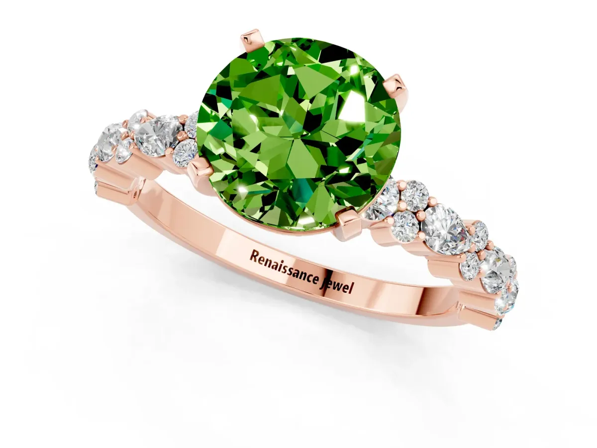 Round Cut Peridot Side Stone Solitaire Ring with Round and Four-Prong Setting Rose gold