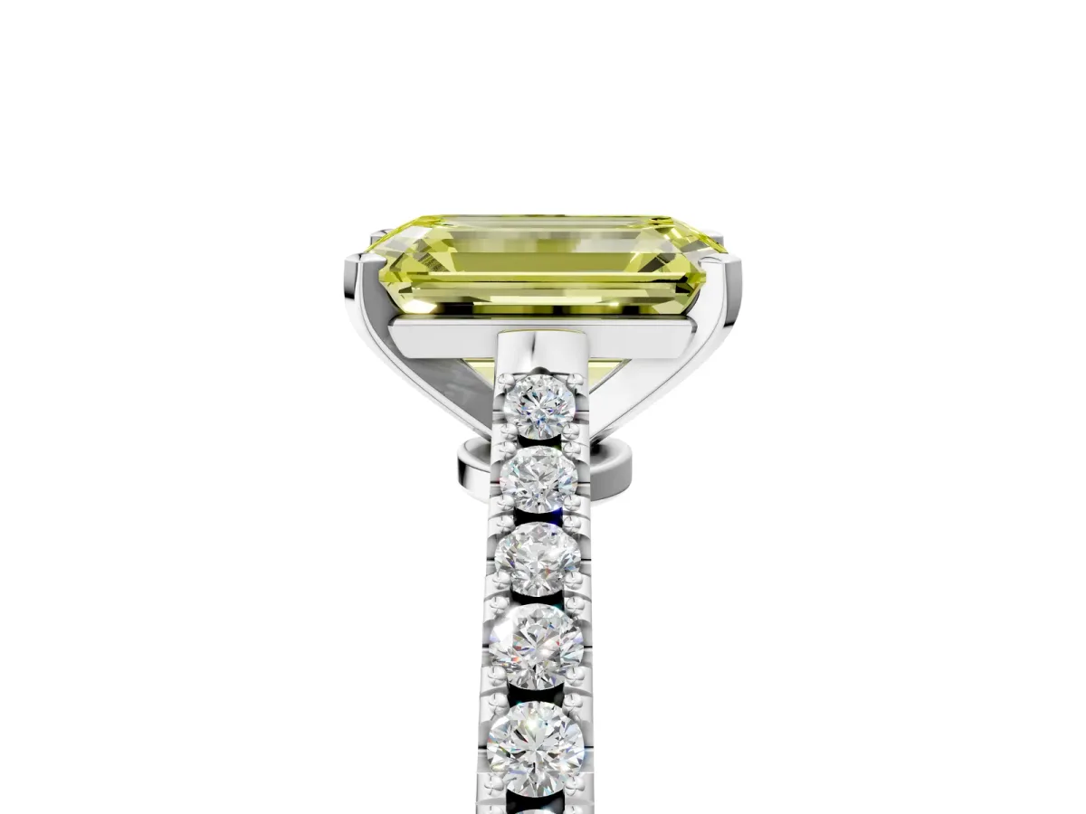 Fancy Yellow Emerald Cut Cut Solitaire Diamond Engagement Ring with Pave Band and Four-Prong Setting Silver