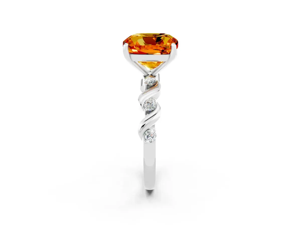 Cushion Cut Citrine Solitaire Twisted Band with Round Accents and Prong Setting Silver