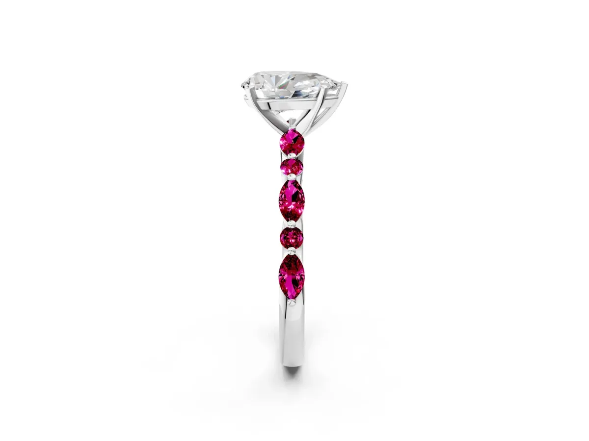 Pear Cut Diamond Ring with Marquise and Round Garnet Side Stones and Four-Prong Setting Silver