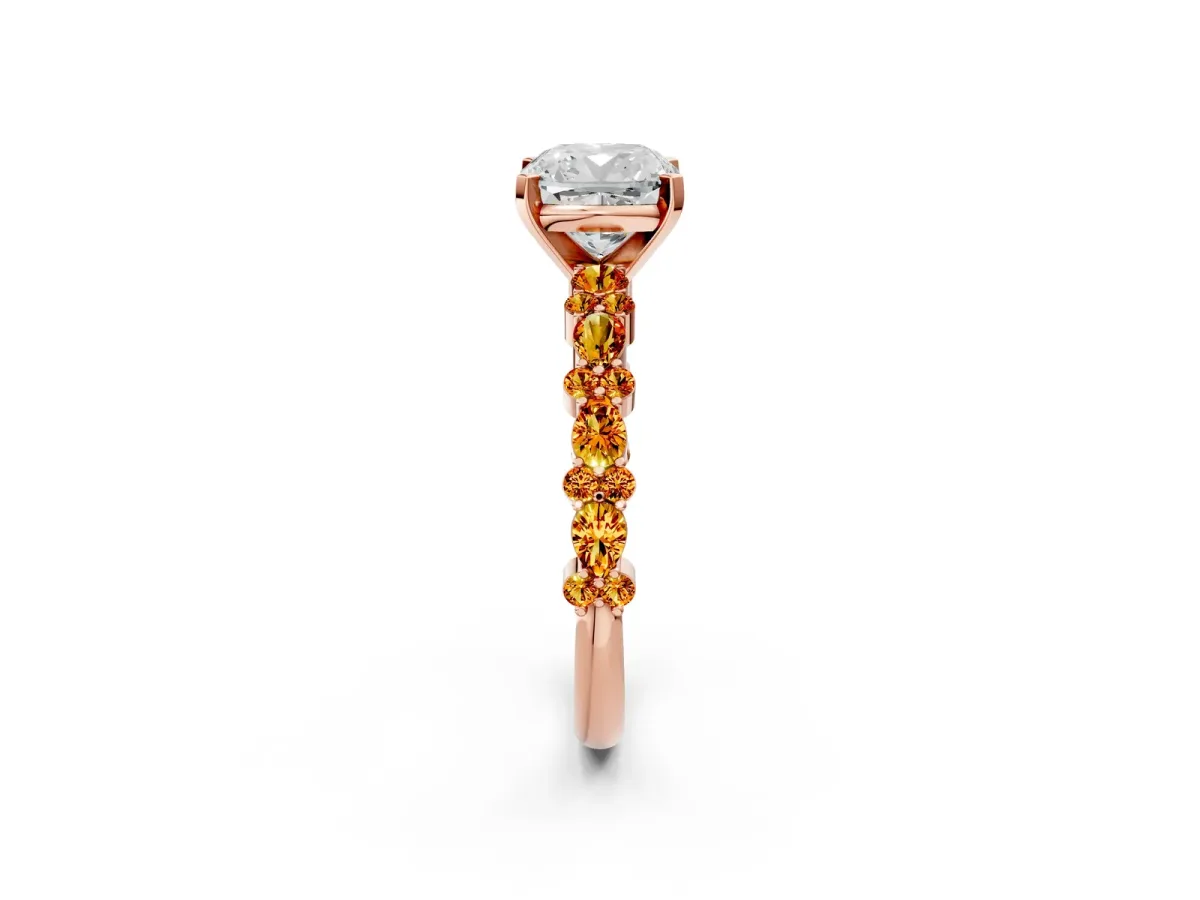 Cushion Cut Diamond Side Stone Solitaire Ring with Round Citrine and Four-Prong Setting Rose gold