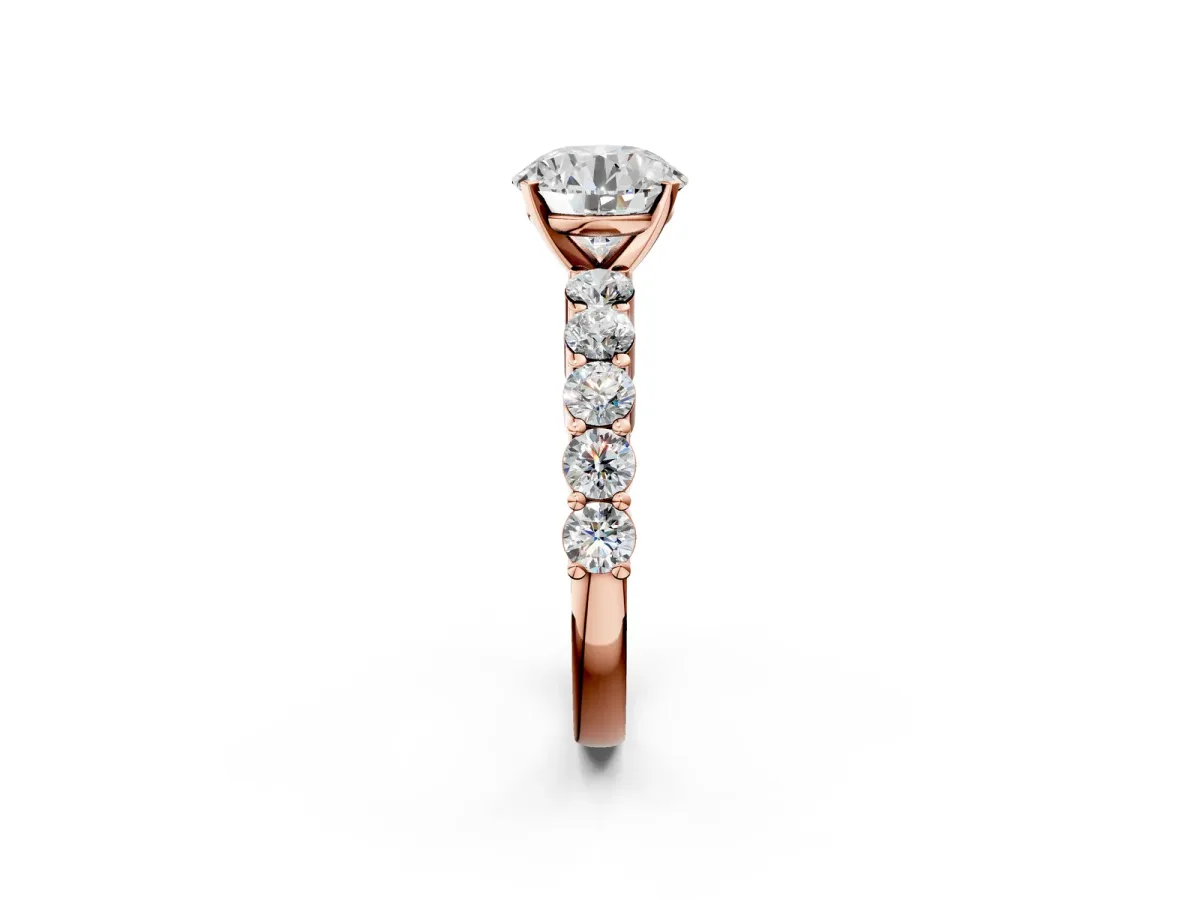 Round Cut Diamond Solitaire Ring with Shared Prong Round Side Stones Rose gold