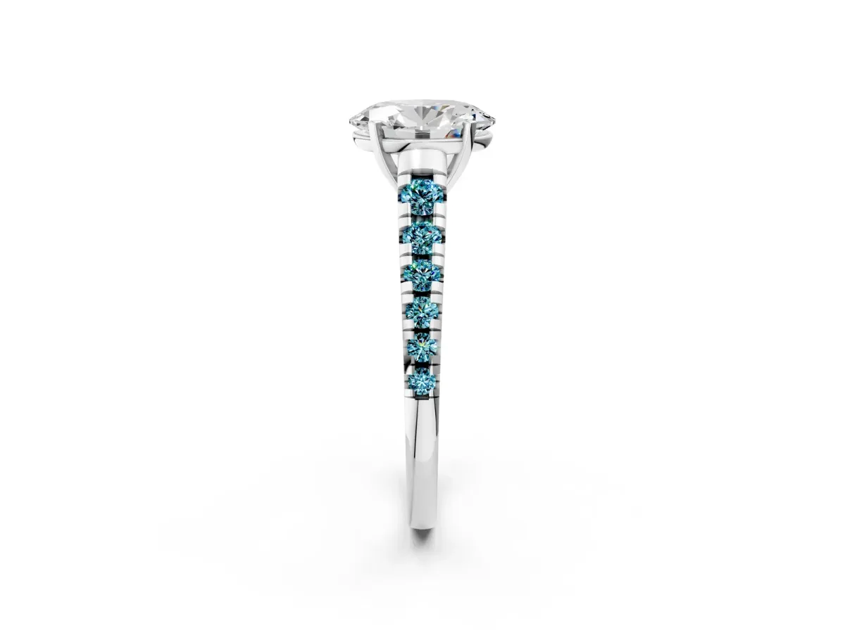 Oval Cut Diamond Cathedral Solitaire Ring with Round Blue Topaz Pavé Band Silver