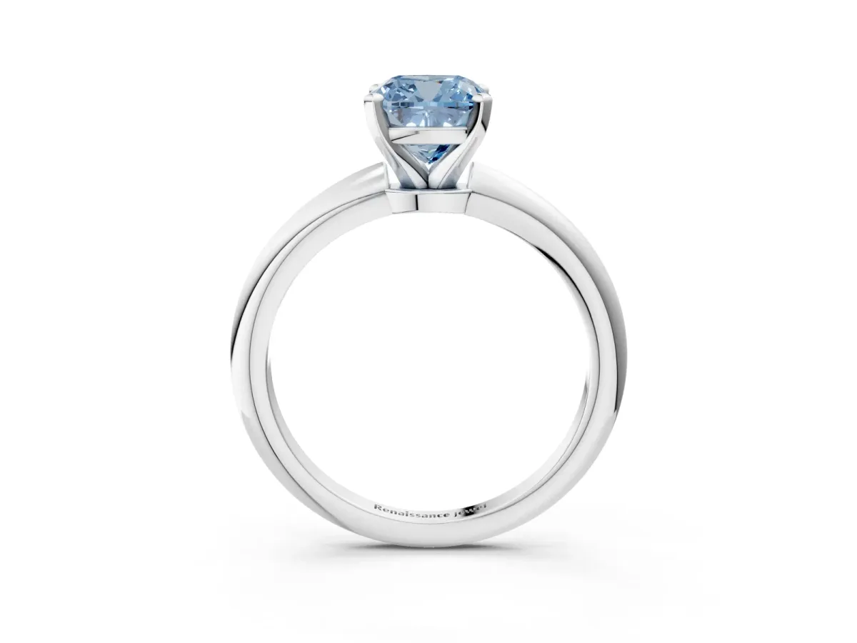 Fancy Blue Cushion Cut Diamond Solitaire Ring with Six-Prong Setting and Classic Band Silver