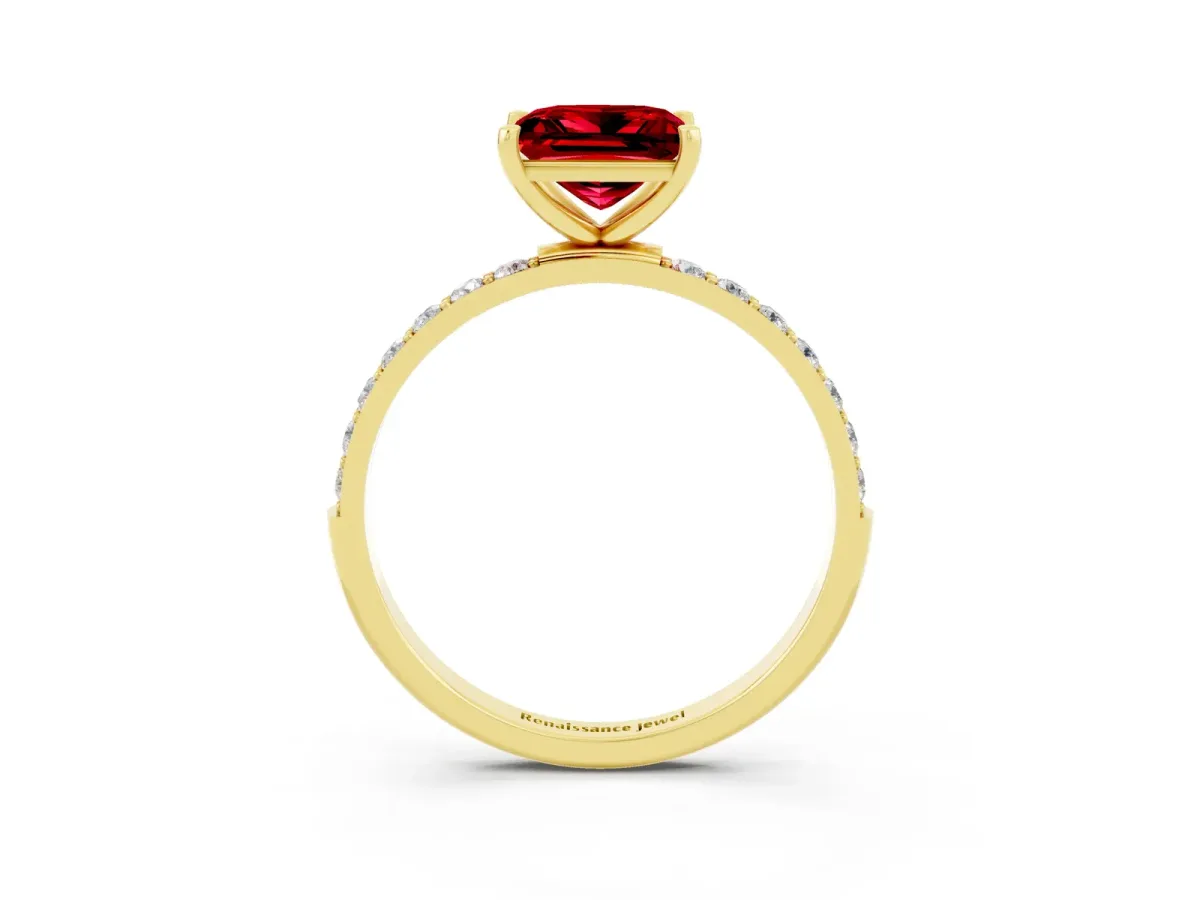 Princess Cut Ruby Solitaire Ring with Round Pavé Band and Prong Setting Yellow gold
