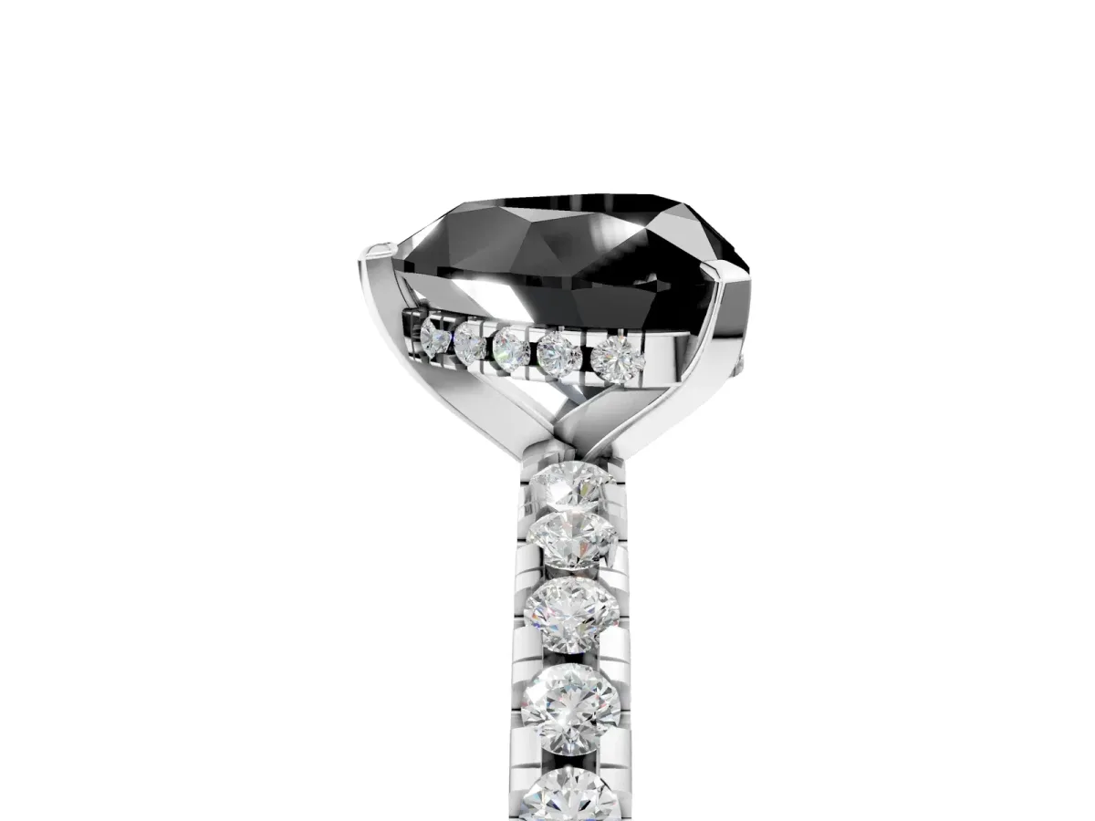 Fancy Black Heart Cut Diamond Solitaire Ring with Round Pavé Band and Four-Prong Setting Silver